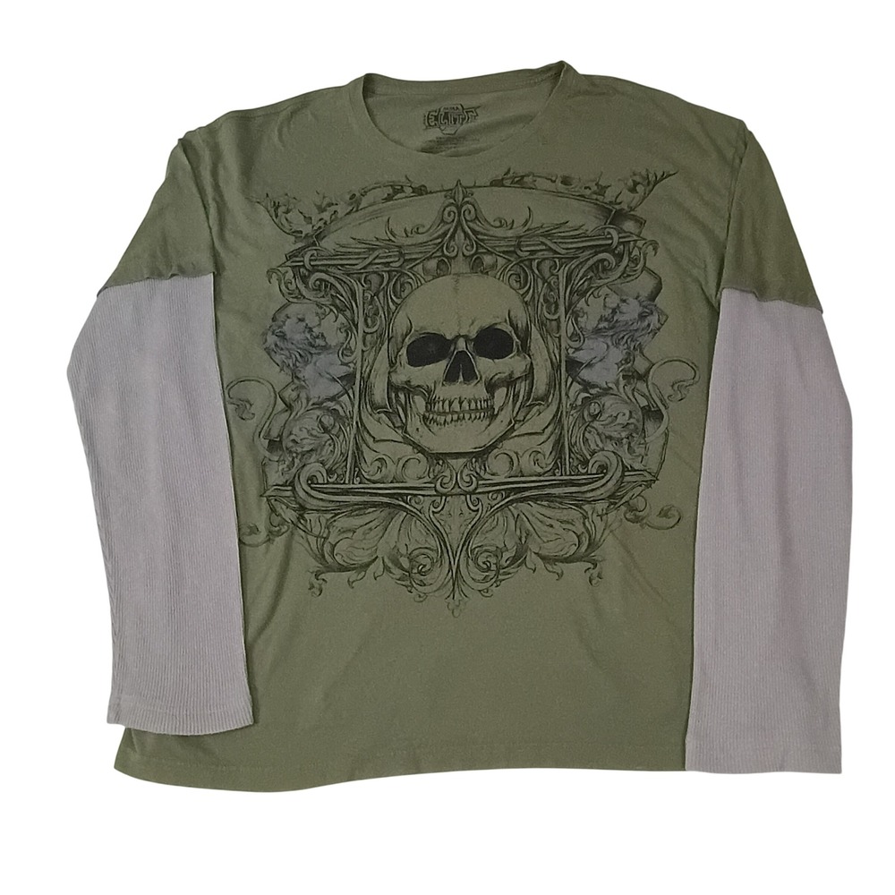 MMA Elite Mens 2XL Skull Graphic Long Sleeve Layered T-Shirt Olive Green Grey